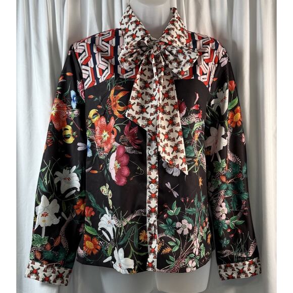 Liang Dian YiZ Bow Shirt Multi Color Print 2XL Academia Chic 80-70-01 - Picture 1 of 15